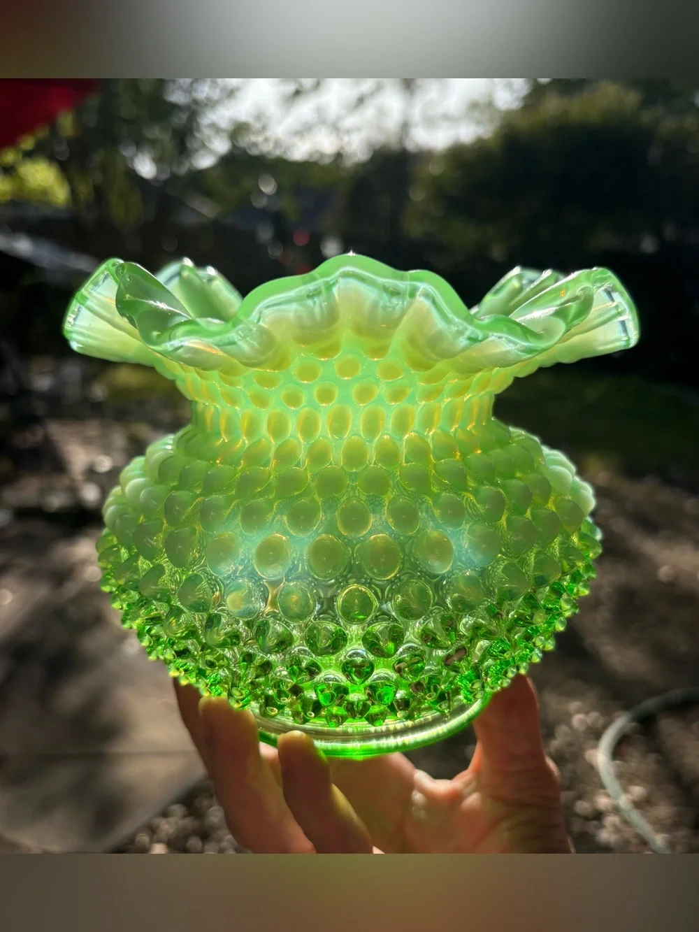 Fenton Rose Bowl Lime Green Opalescent Hobnail Glows!